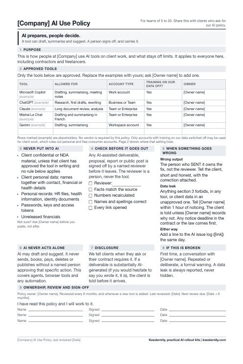 Page 1 of the One-Page AI Use Policy: the line “AI prepares, people decide” above an approved-tools table with a training-off column, then nine numbered sections ending in a sign-off line